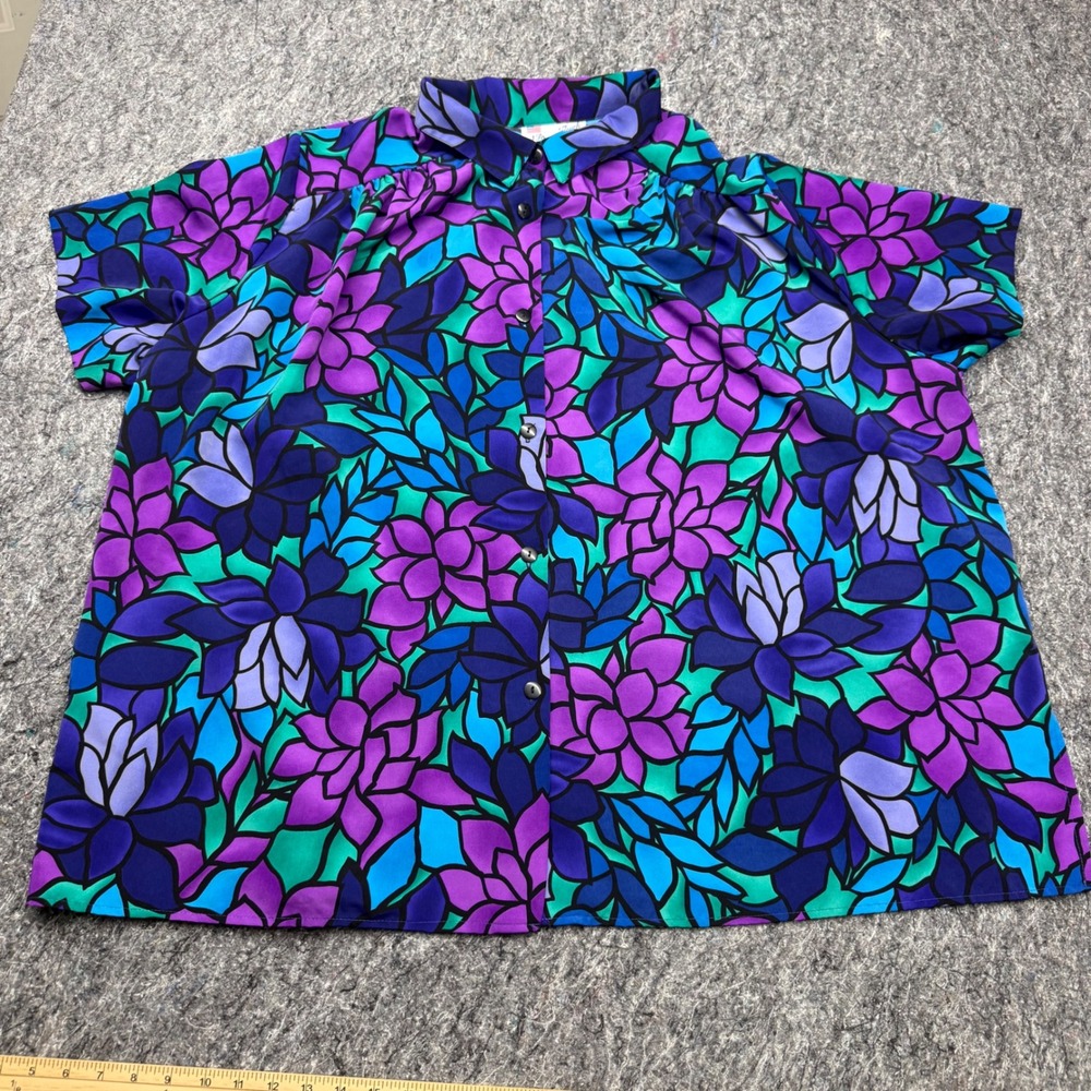A Personal Touch Womens 4X Floral Button Up Blouse Purple Blue Stained Glass USA
